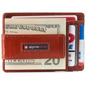 Alpine Swiss Harper Mens RFID Slim Money Clip Front Pocket , Glossy Nappa Tan